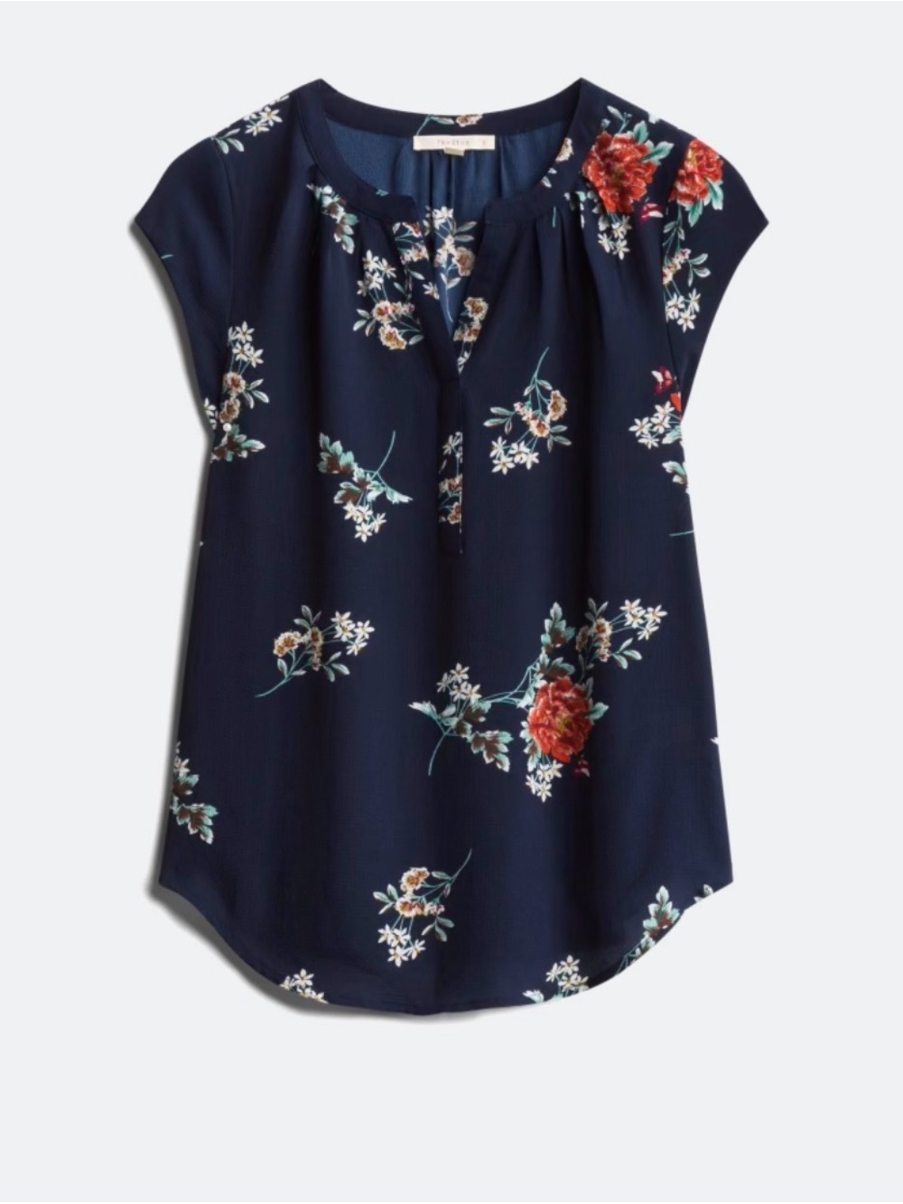 Fun2Fun Navy Floral V-Slit Cap Sleeve Blouse - Size Small